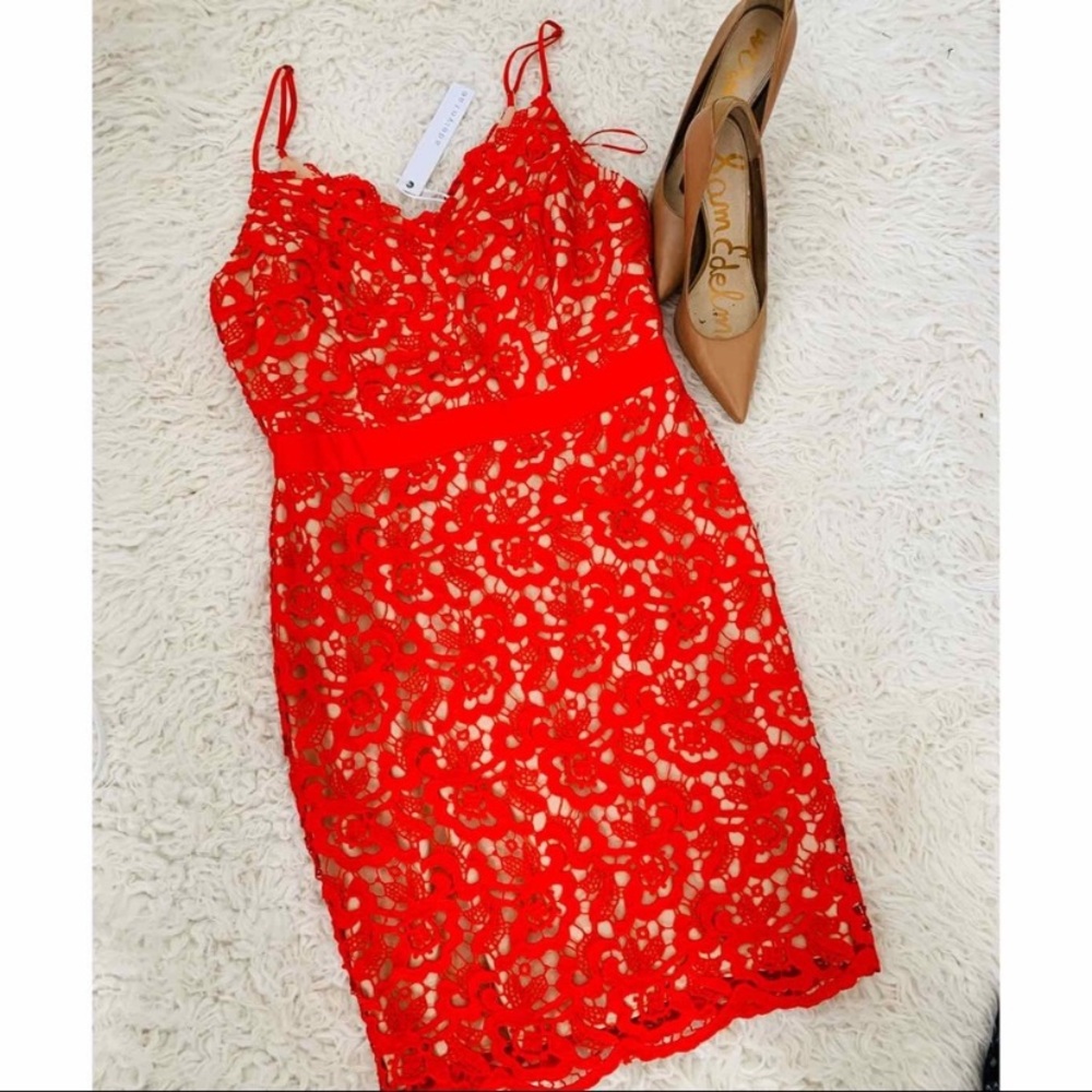 Adelyn Rae Red Lace Sheath Dress wedding guest/brunch dress